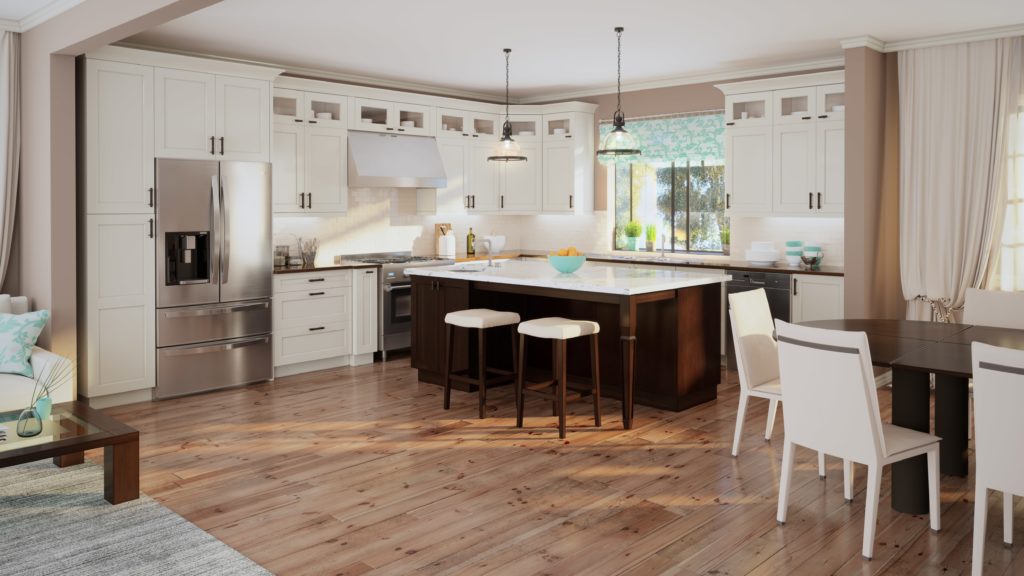 An antique white kitchen cabinet developed by kyle cabinetry